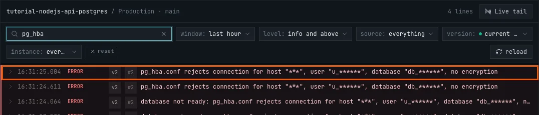 The Logs tab searched for pg_hba, showing ERROR lines pg_hba.conf rejects connection for host, user and database, no encryption