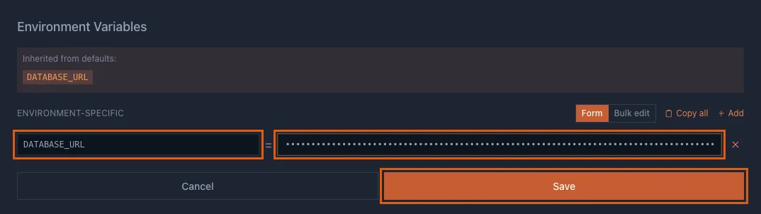The Environment Variables editor with DATABASE_URL, its value hidden, and the Save button highlighted