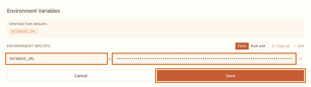 The Environment Variables editor with DATABASE_URL, its value hidden, and the Save button highlighted