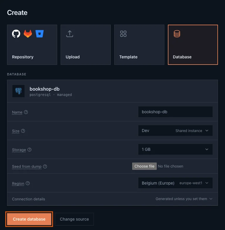 The Create page with Database selected, Name bookshop-db, Size Dev, Storage 1 GB and Region Belgium, and the Create database button highlighted