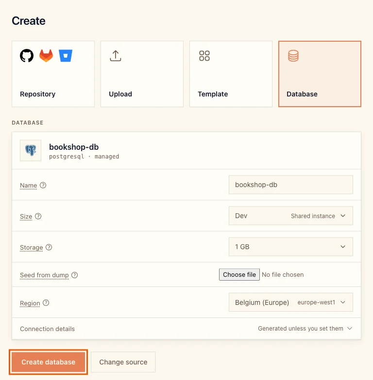 The Create page with Database selected, Name bookshop-db, Size Dev, Storage 1 GB and Region Belgium, and the Create database button highlighted