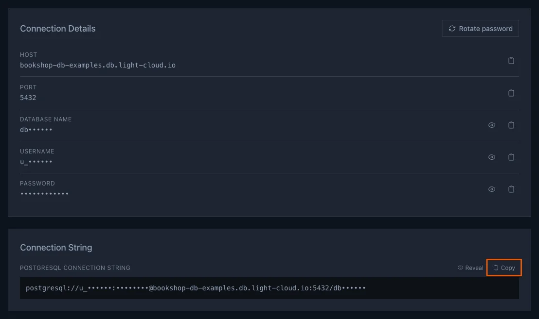 The Credentials tab with host, port and masked database name, user and password, and the Copy button of the connection string highlighted