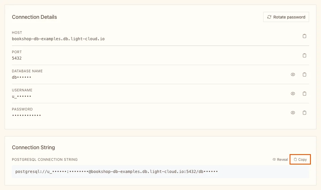 The Credentials tab with host, port and masked database name, user and password, and the Copy button of the connection string highlighted