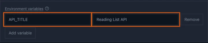 The Environment variables section with API_TITLE set to Reading List API