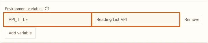 The Environment variables section with API_TITLE set to Reading List API