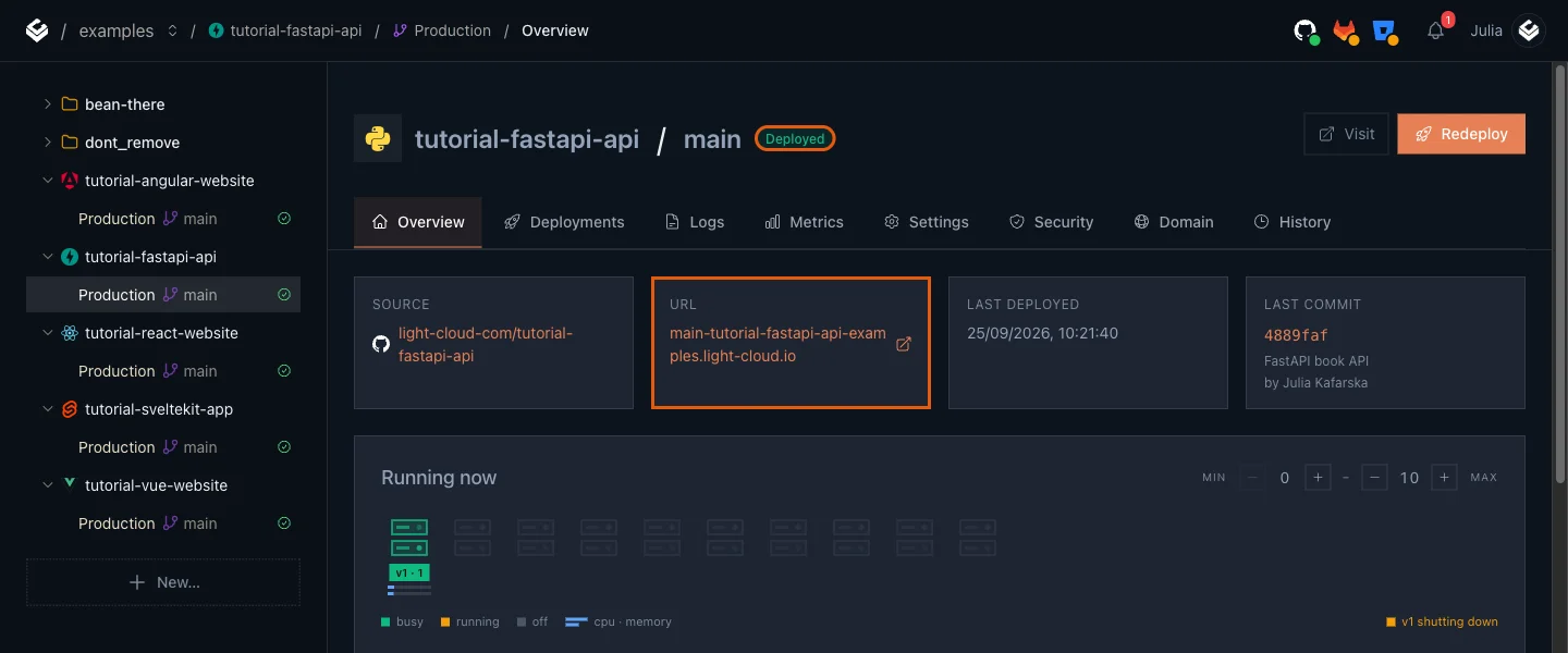 The Production overview of tutorial-fastapi-api with the Deployed badge and the URL card highlighted