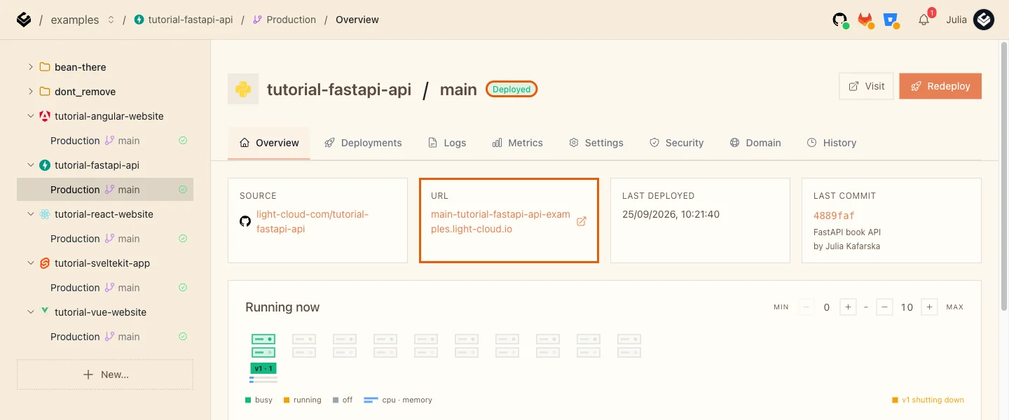 The Production overview of tutorial-fastapi-api with the Deployed badge and the URL card highlighted