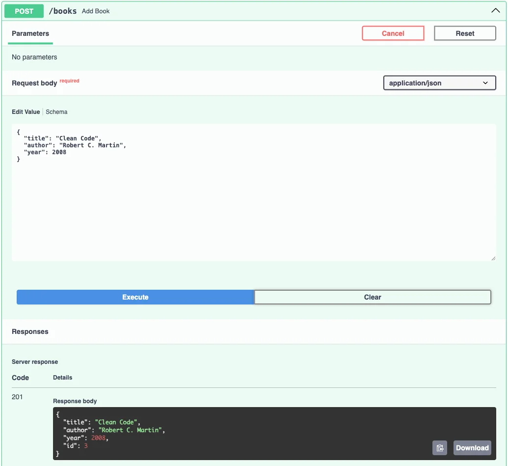 POST /books in Swagger UI with a Clean Code request body and the server response 201 with the created book