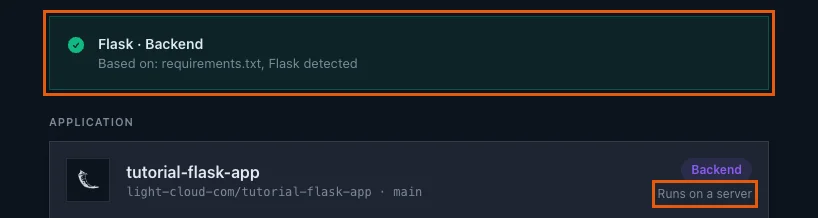 The detection banner Flask Backend based on requirements.txt, with Runs on a server highlighted
