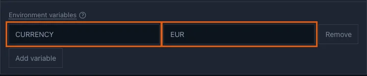 The Environment variables section with CURRENCY set to EUR