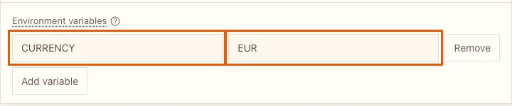The Environment variables section with CURRENCY set to EUR