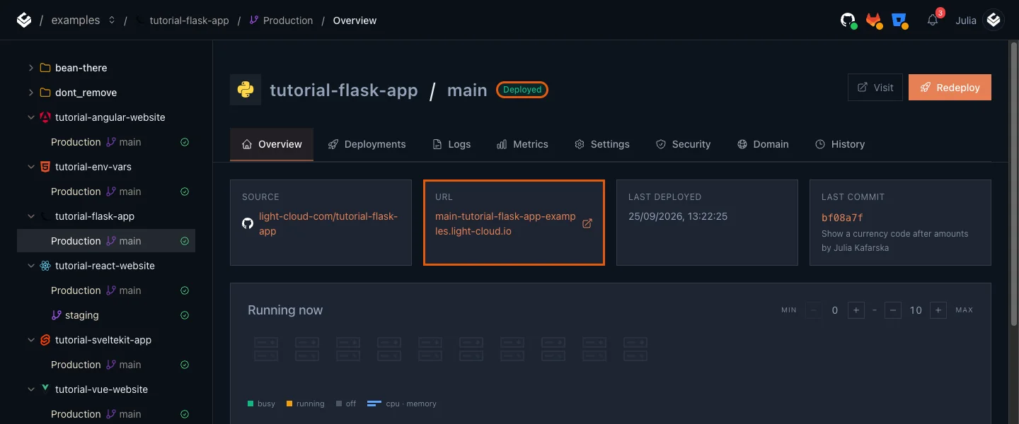 The Production overview of tutorial-flask-app with the Deployed badge and the URL card highlighted