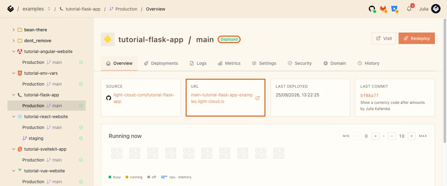 The Production overview of tutorial-flask-app with the Deployed badge and the URL card highlighted