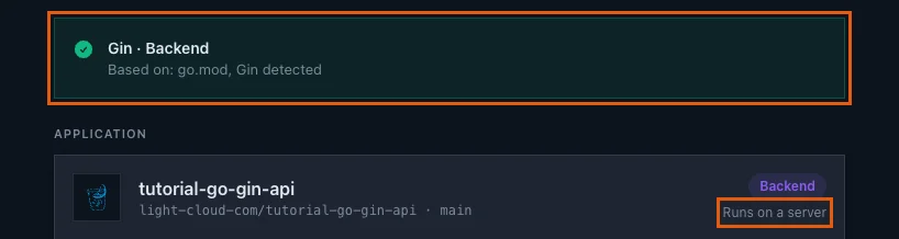 The detection banner Gin Backend based on go.mod, with Runs on a server highlighted