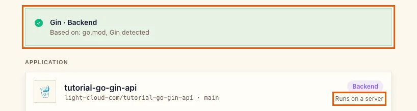 The detection banner Gin Backend based on go.mod, with Runs on a server highlighted