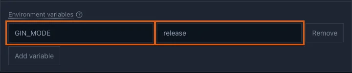 The Environment variables section with GIN_MODE set to release