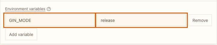 The Environment variables section with GIN_MODE set to release