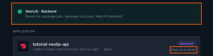 The detection banner NestJS Backend based on package.json and package-lock.json, with Runs on a server highlighted