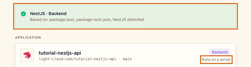 The detection banner NestJS Backend based on package.json and package-lock.json, with Runs on a server highlighted