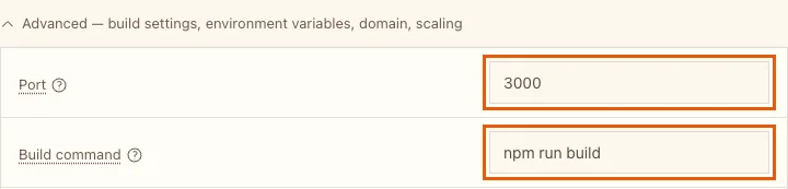The Advanced section with Port 3000 and Build command npm run build highlighted