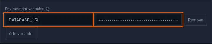 The Environment variables section with DATABASE_URL and its value hidden