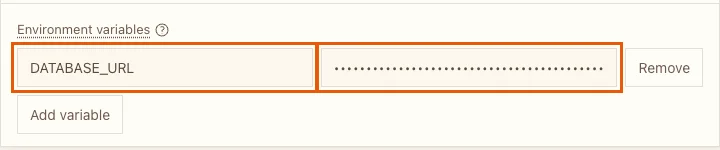 The Environment variables section with DATABASE_URL and its value hidden