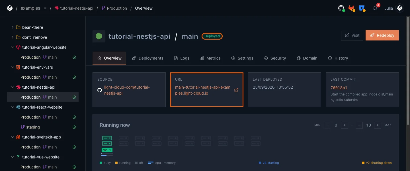 The Production overview of tutorial-nestjs-api with the Deployed badge and the URL card highlighted