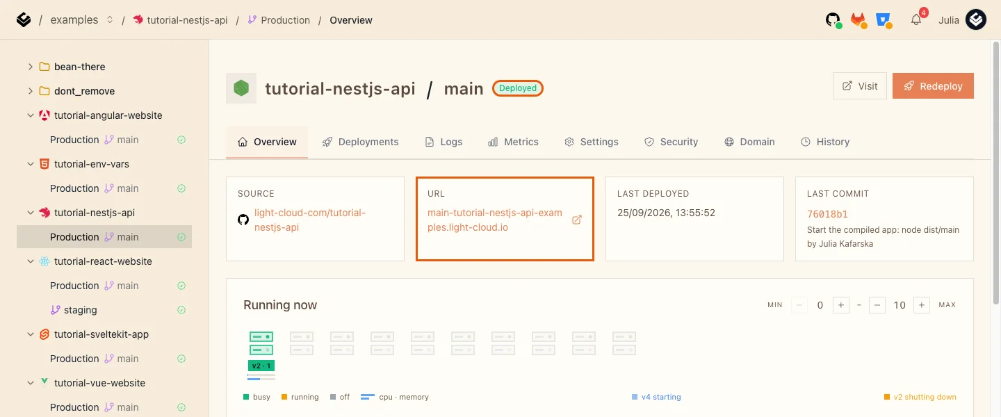 The Production overview of tutorial-nestjs-api with the Deployed badge and the URL card highlighted