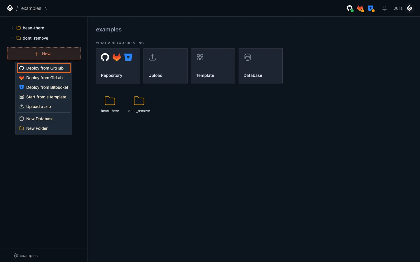 The New menu in the sidebar with Deploy from GitHub highlighted