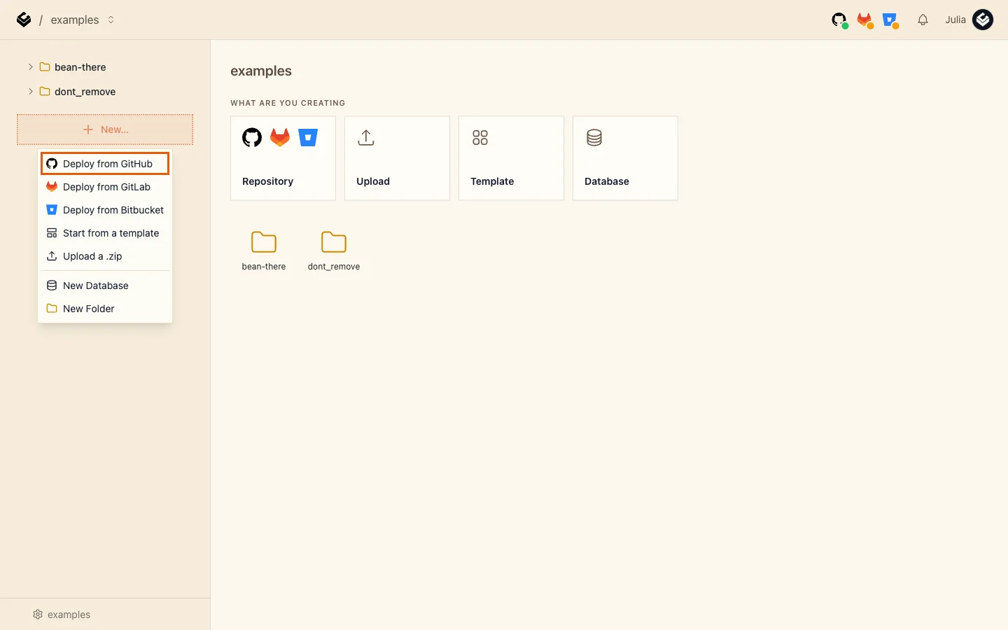 The New menu in the sidebar with Deploy from GitHub highlighted