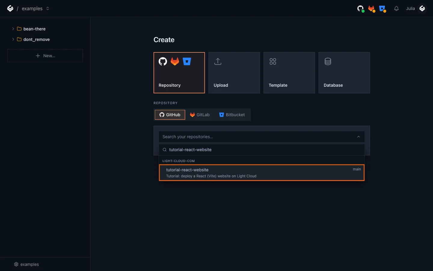 The repository search showing tutorial-react-website highlighted