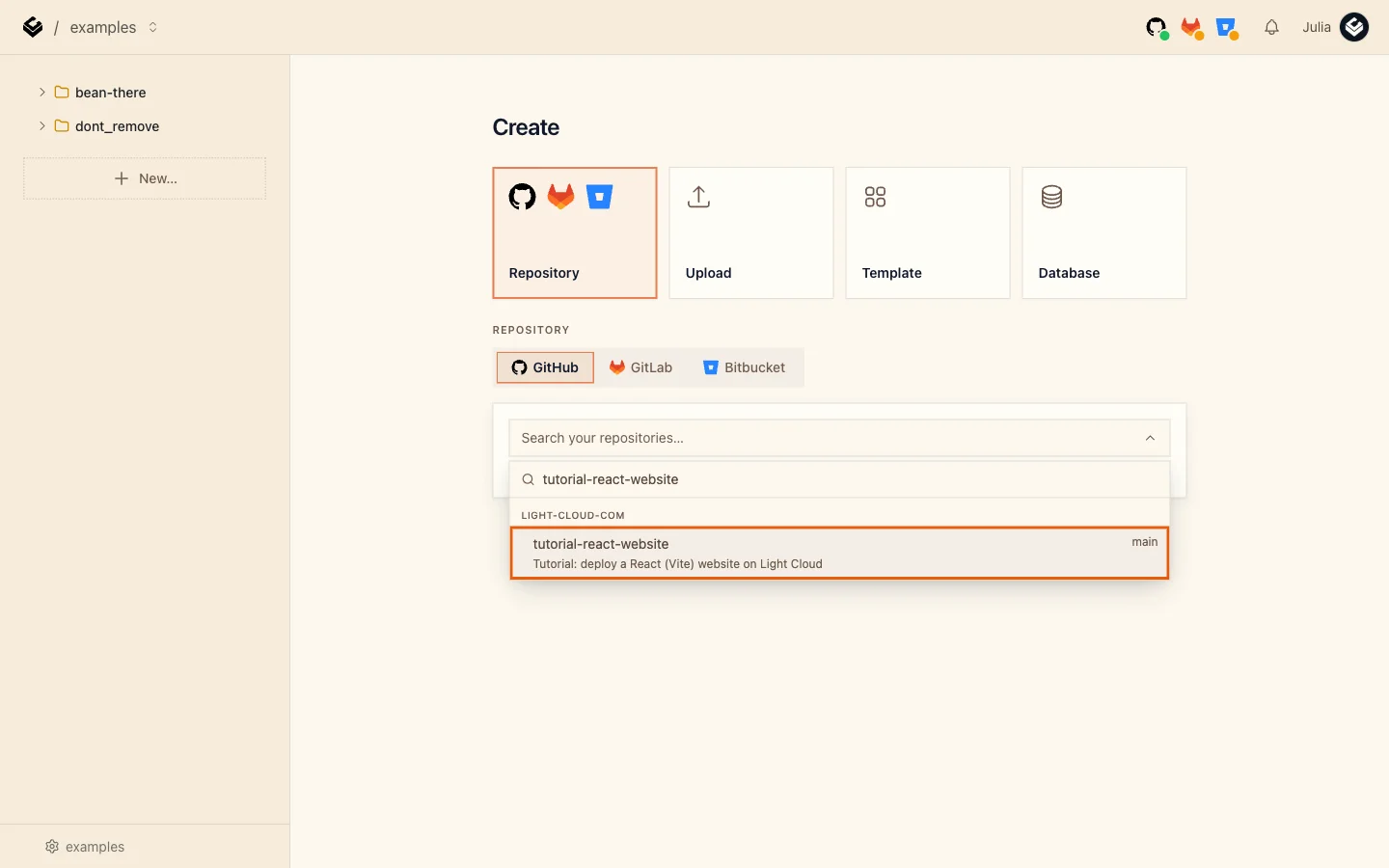 The repository search showing tutorial-react-website highlighted