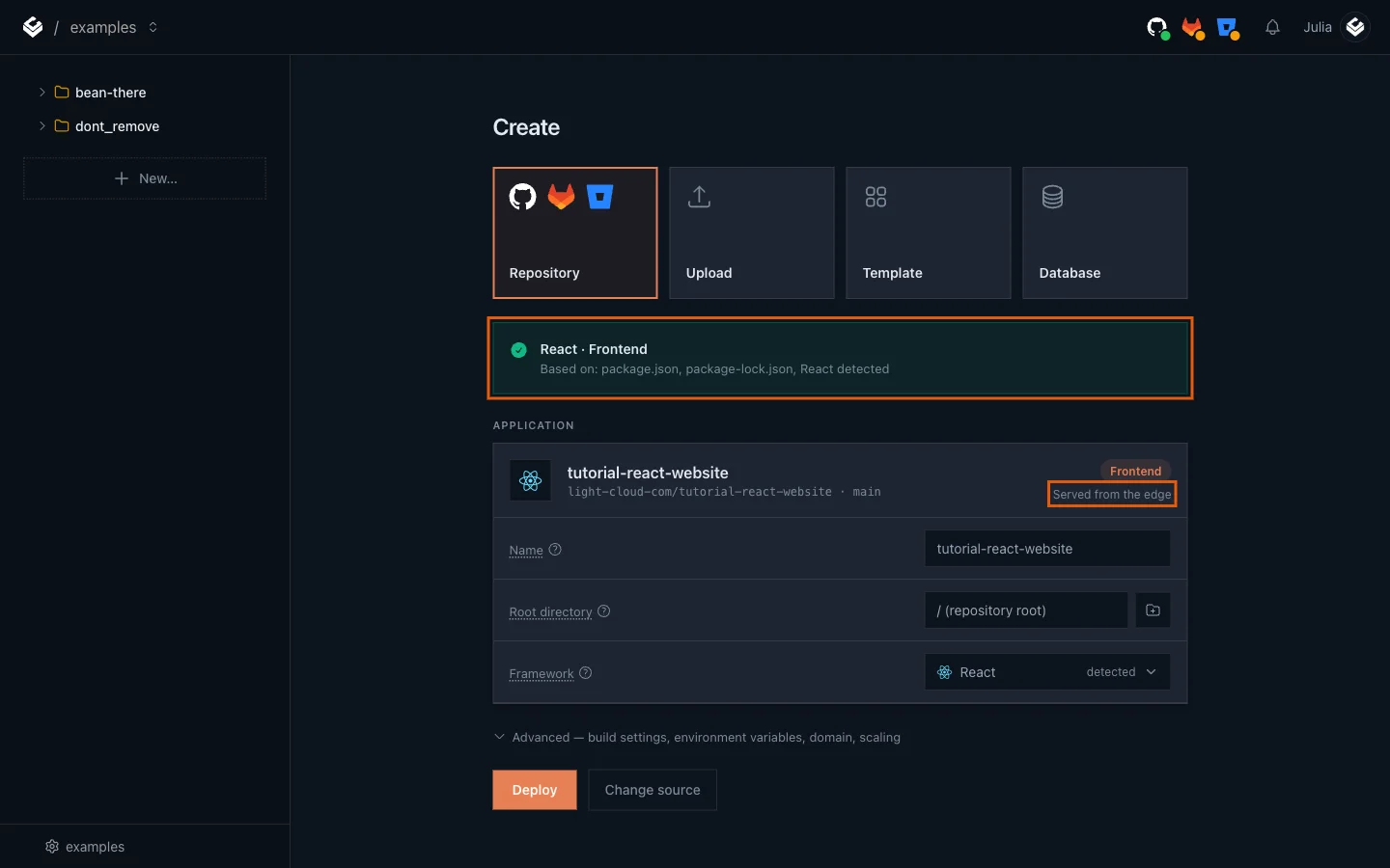 The detection banner React Frontend and the Served from the edge label highlighted
