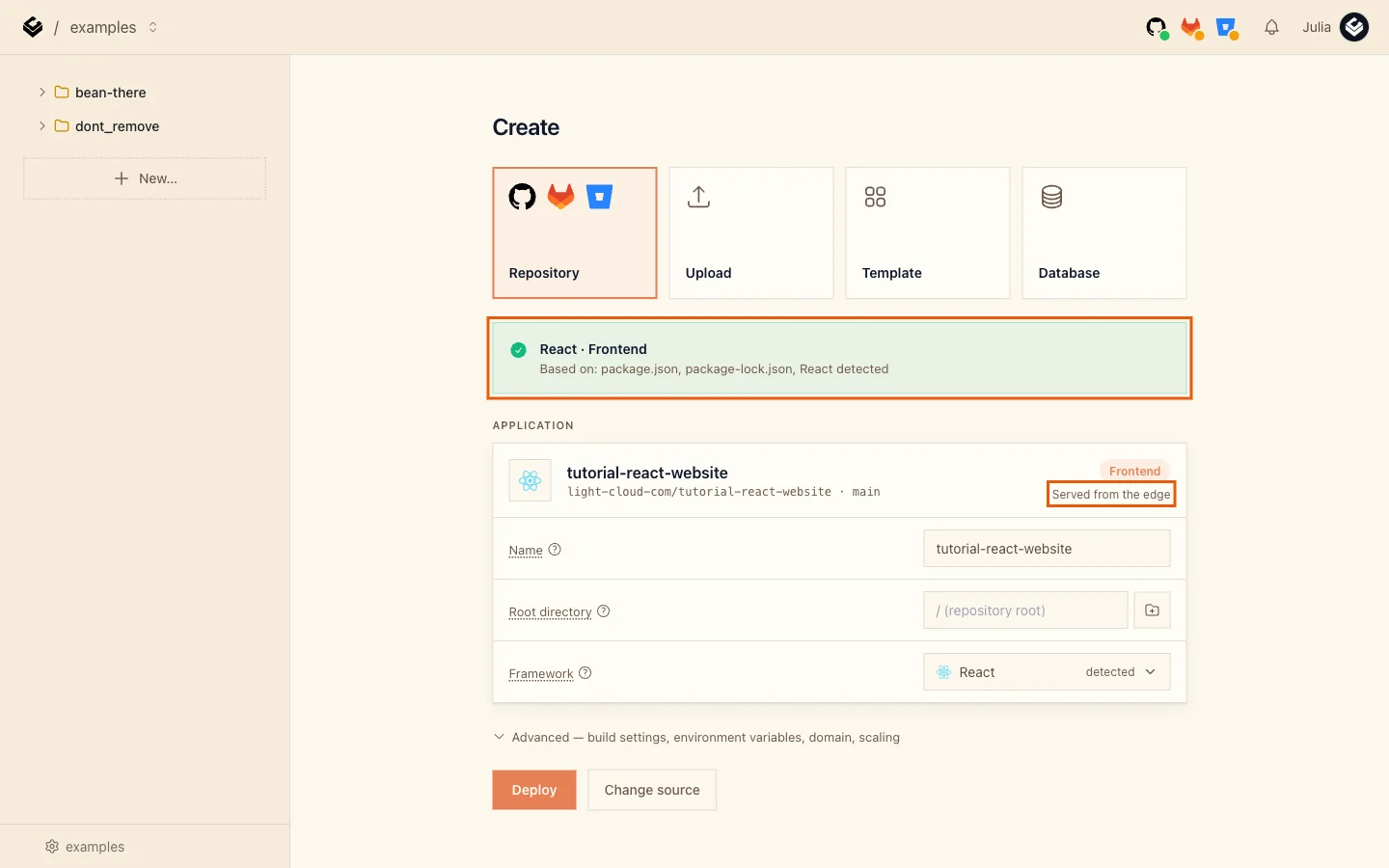 The detection banner React Frontend and the Served from the edge label highlighted