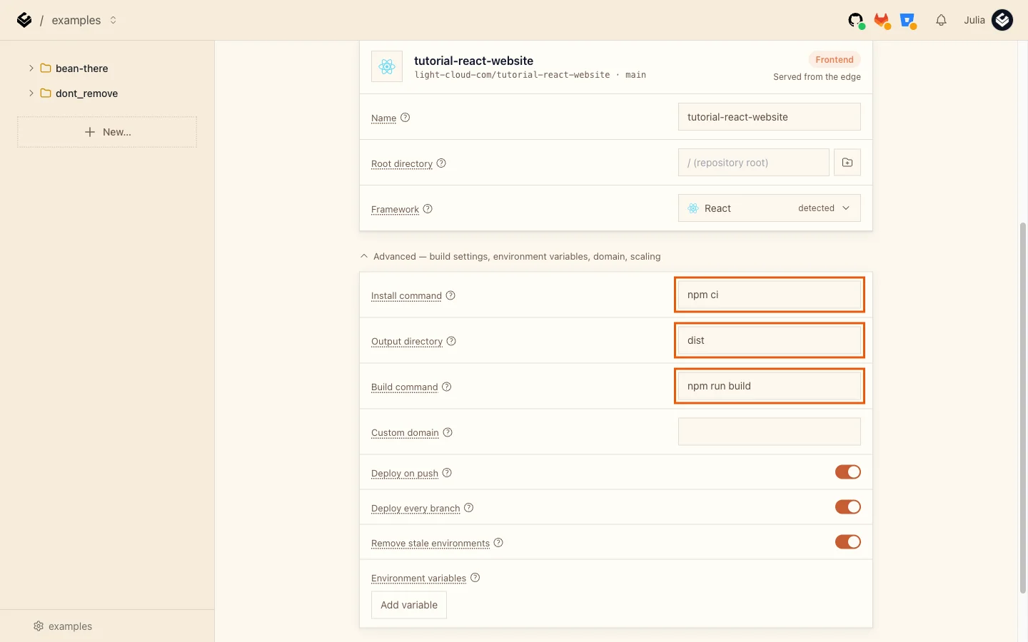 The Advanced section with Install command npm ci, Output directory dist and Build command npm run build highlighted