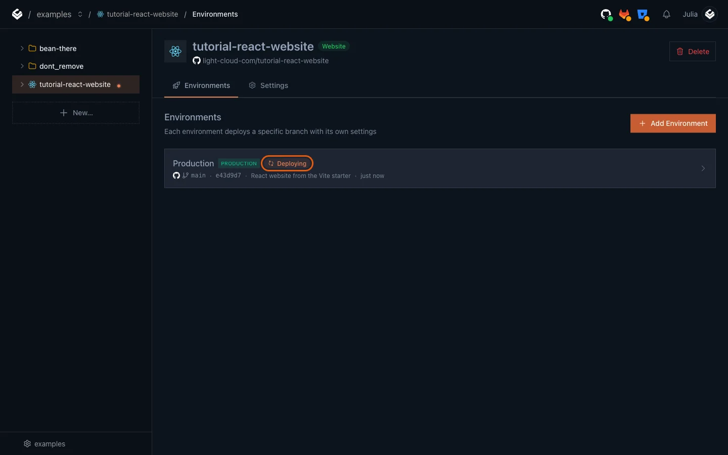 The Environments page with Production deploying