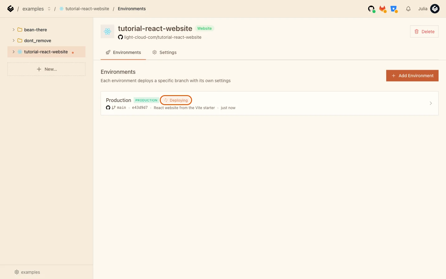 The Environments page with Production deploying
