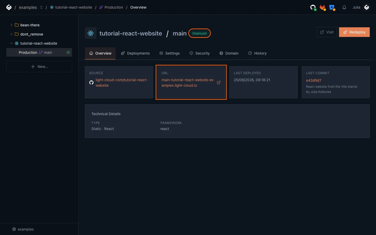 The Production overview with the Deployed badge and the URL card highlighted