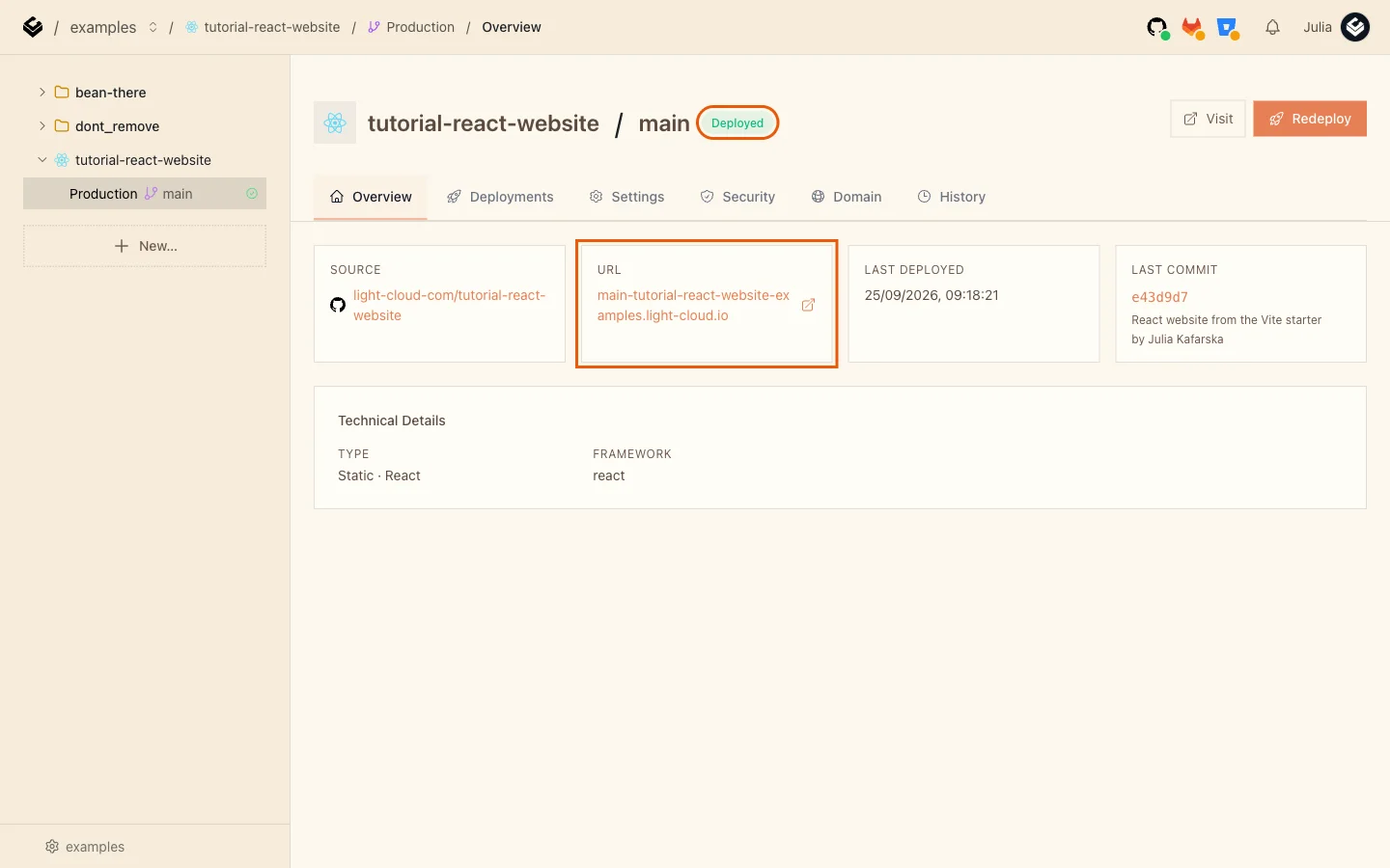 The Production overview with the Deployed badge and the URL card highlighted