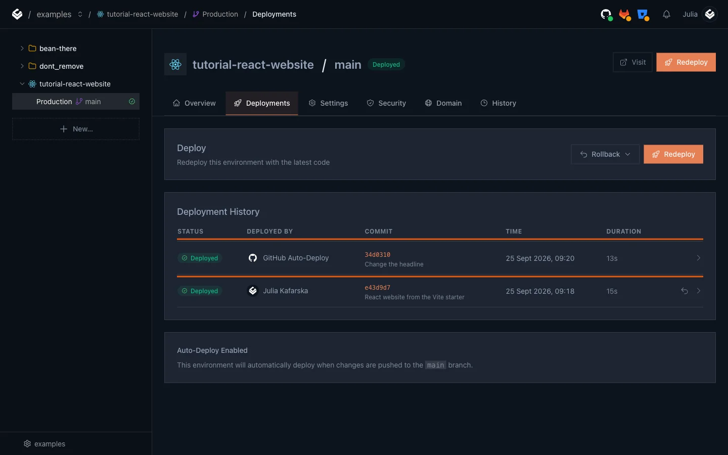 The Deployments tab with the new commit Change the headline deployed by GitHub Auto-Deploy in 13 seconds