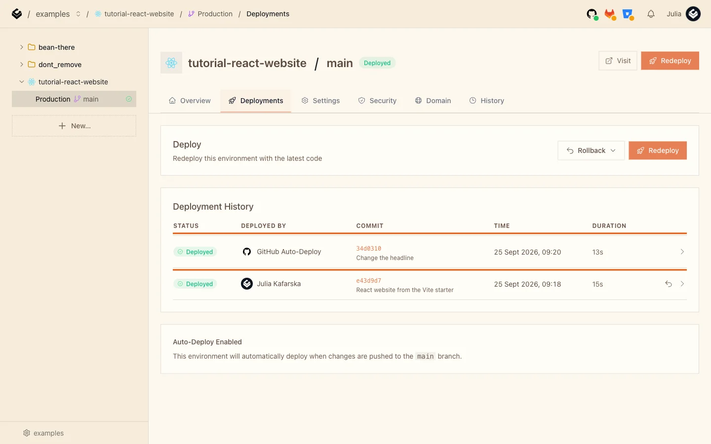 The Deployments tab with the new commit Change the headline deployed by GitHub Auto-Deploy in 13 seconds
