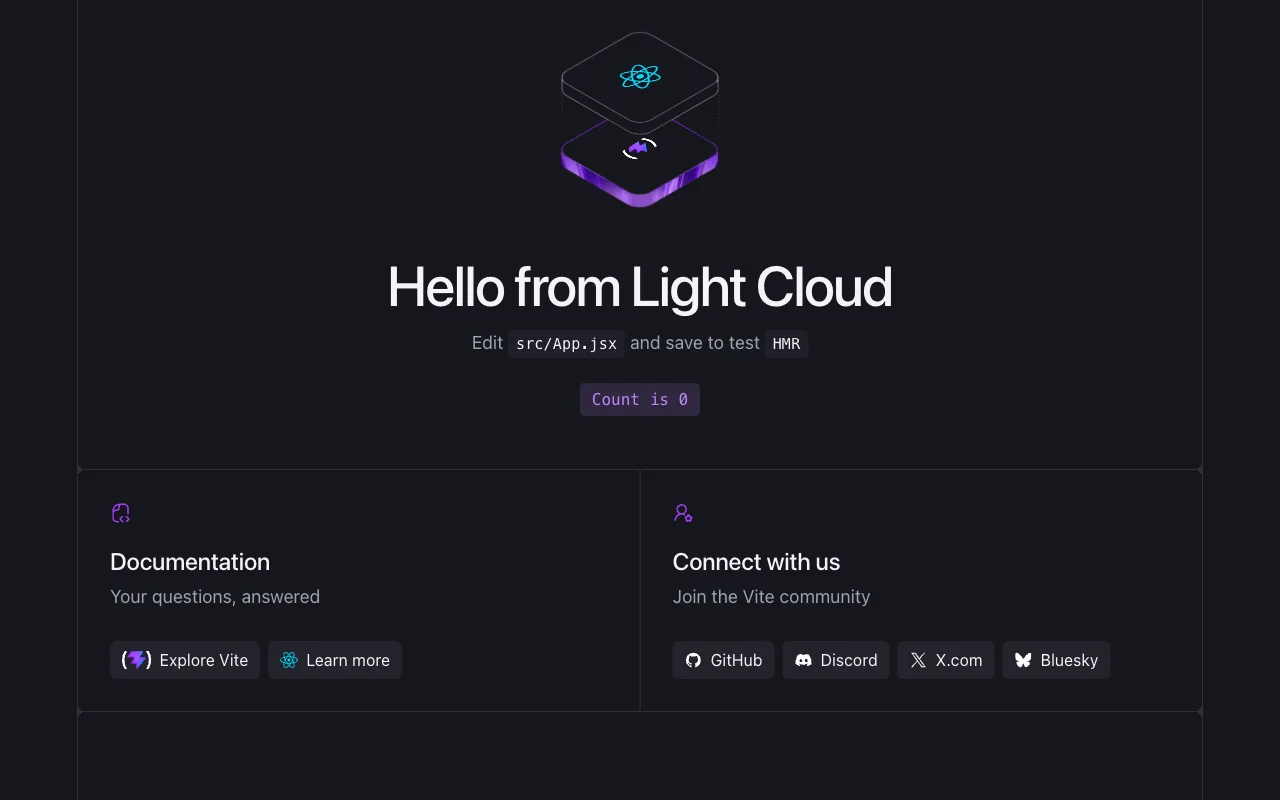 The finished site, served by Light Cloud: the Vite and React starter page with the headline Hello from Light Cloud