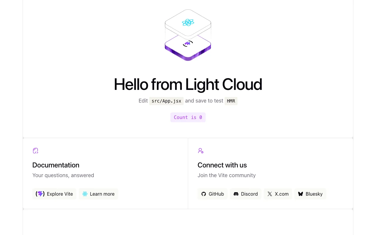 The finished site, served by Light Cloud: the Vite and React starter page with the headline Hello from Light Cloud