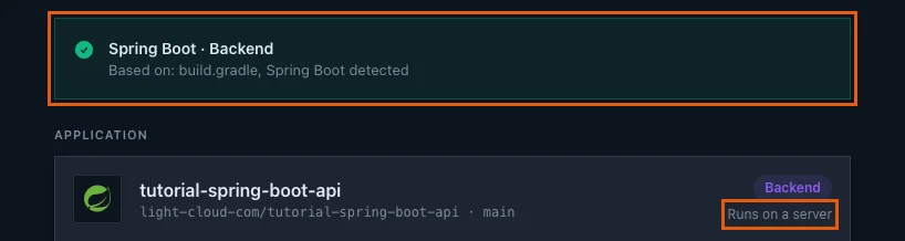 The detection banner Spring Boot Backend based on build.gradle, with Runs on a server highlighted