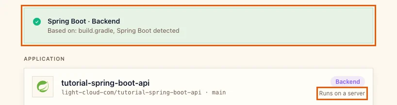 The detection banner Spring Boot Backend based on build.gradle, with Runs on a server highlighted