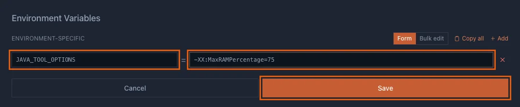 The Environment Variables editor with JAVA_TOOL_OPTIONS set to -XX:MaxRAMPercentage=75 and the Save button highlighted