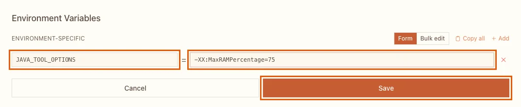 The Environment Variables editor with JAVA_TOOL_OPTIONS set to -XX:MaxRAMPercentage=75 and the Save button highlighted