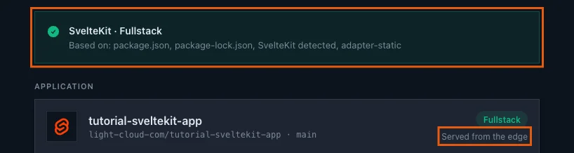The detection banner SvelteKit, based on package.json, package-lock.json, SvelteKit detected, adapter-static, with Served from the edge highlighted