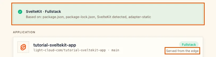 The detection banner SvelteKit, based on package.json, package-lock.json, SvelteKit detected, adapter-static, with Served from the edge highlighted