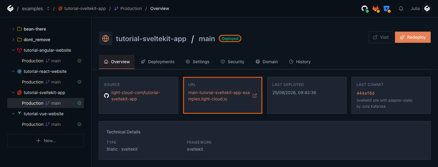 The Production overview with the Deployed badge and the URL card highlighted